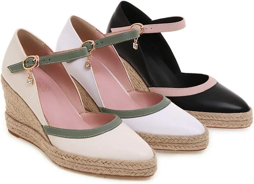 MIOKE Women's Espadrille Wedge Sandals Pointed Toe Buckle Ankle Strap Chunky Platform High Heel Dress Shoes