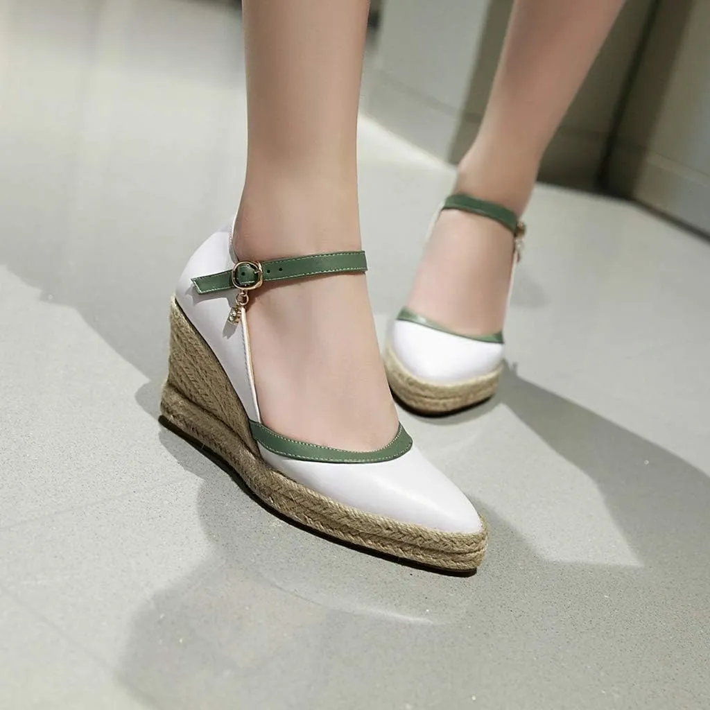 MIOKE Women's Espadrille Wedge Sandals Pointed Toe Buckle Ankle Strap Chunky Platform High Heel Dress Shoes