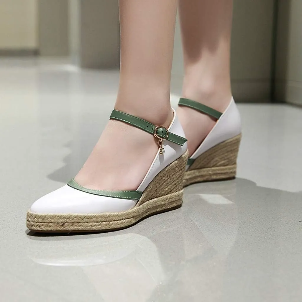 MIOKE Women's Espadrille Wedge Sandals Pointed Toe Buckle Ankle Strap Chunky Platform High Heel Dress Shoes