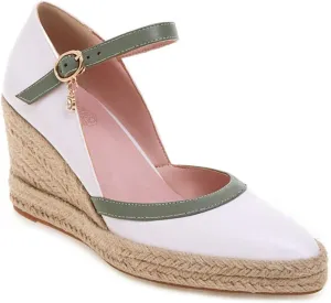 MIOKE Women's Espadrille Wedge Sandals Pointed Toe Buckle Ankle Strap Chunky Platform High Heel Dress Shoes
