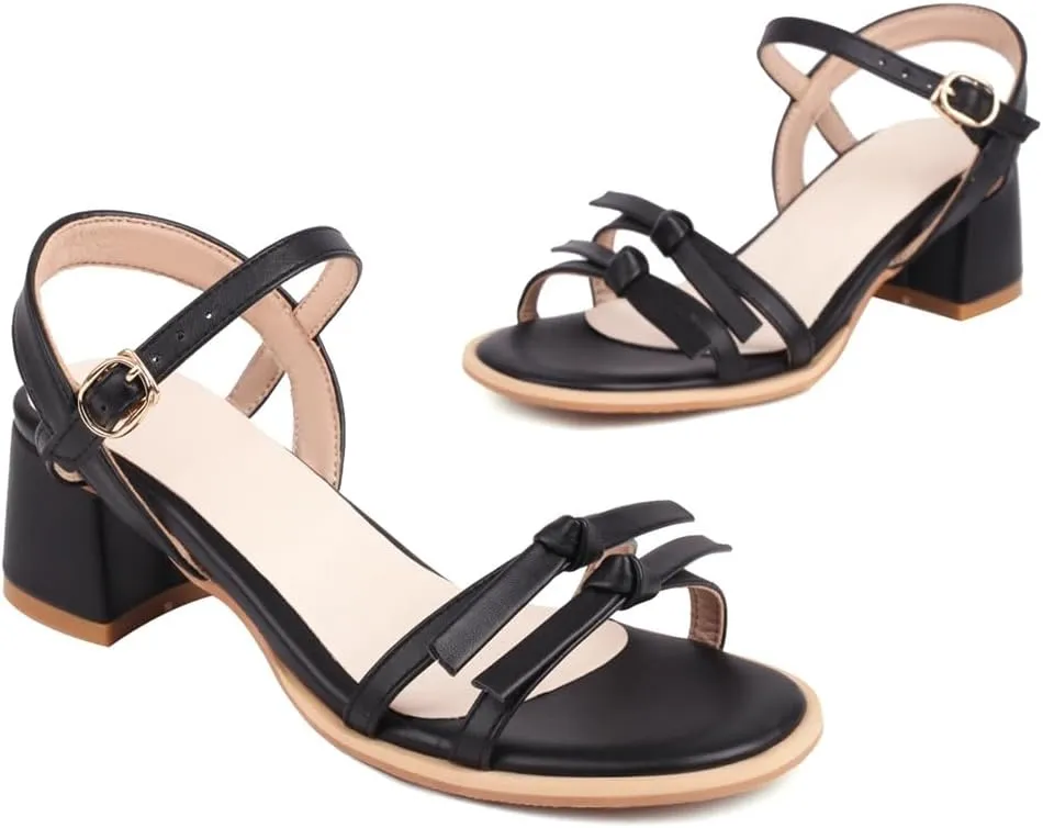 MIOKE Women's Open Toe Block Low Heel Sandals Ankle Strappy PU Leather Summer Chunky Dress Heeled Sandal