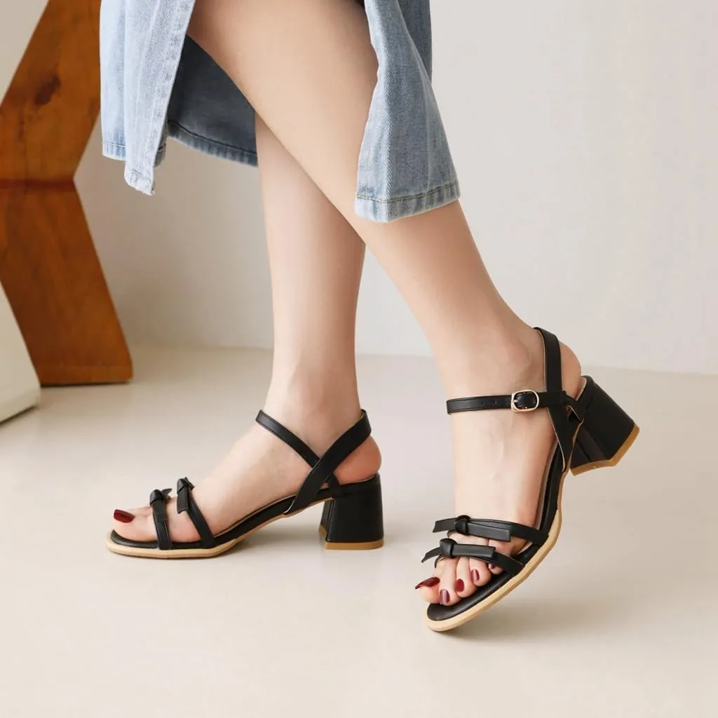 MIOKE Women's Open Toe Block Low Heel Sandals Ankle Strappy PU Leather Summer Chunky Dress Heeled Sandal