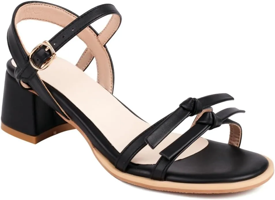 MIOKE Women's Open Toe Block Low Heel Sandals Ankle Strappy PU Leather Summer Chunky Dress Heeled Sandal