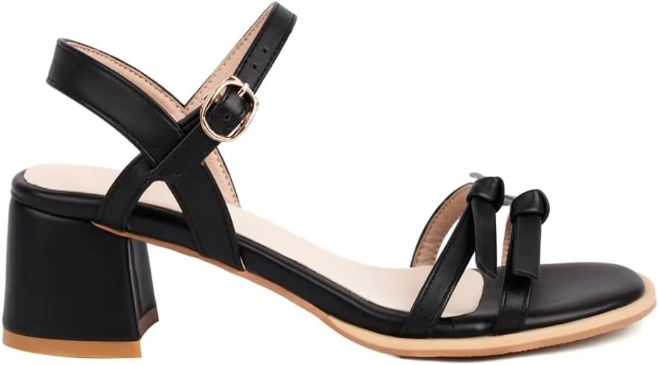 MIOKE Women's Open Toe Block Low Heel Sandals Ankle Strappy PU Leather Summer Chunky Dress Heeled Sandal