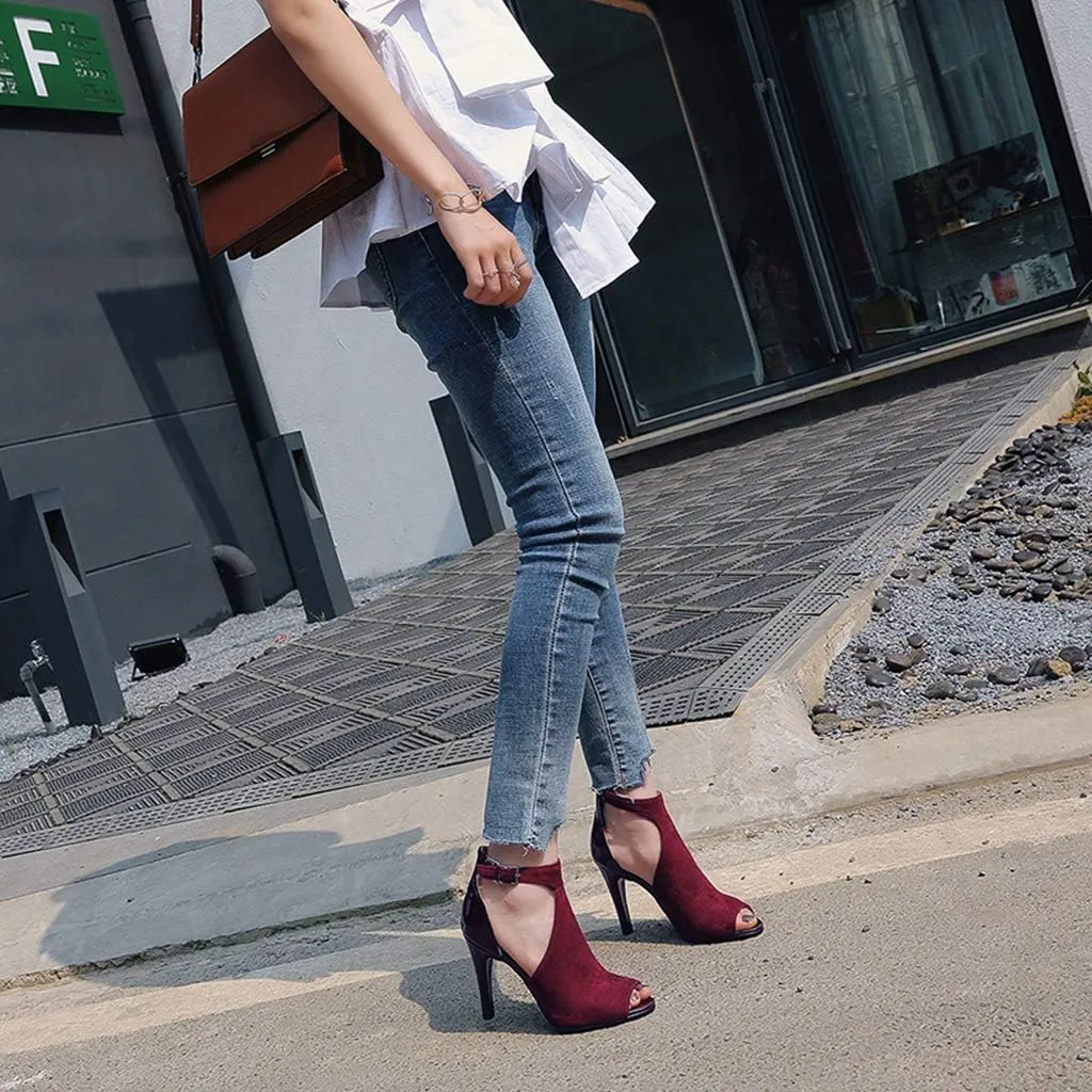 MIOKE Women's Sexy Stiletto High Heel Sandals T-strap Peep Toe Cutout Ankle Strap Party Dress Pump Shoes