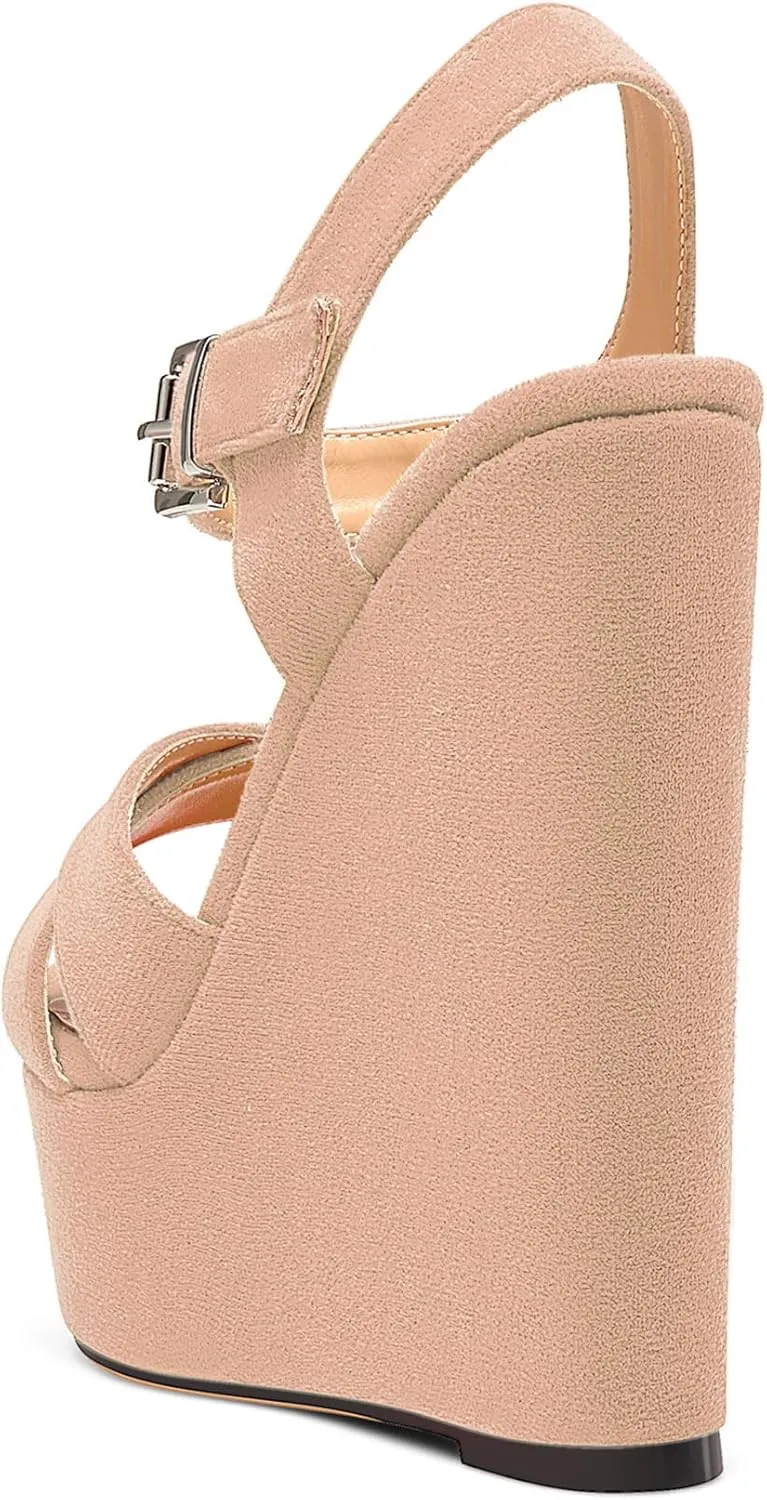 NobleOnly Women's Wedge High Heels Platform Ankle Strap Sandals Open Toe Slingback Basic Office Sandal 6" Heel Shoes