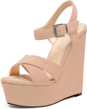 NobleOnly Women's Wedge High Heels Platform Ankle Strap Sandals Open Toe Slingback Basic Office Sandal 6" Heel Shoes