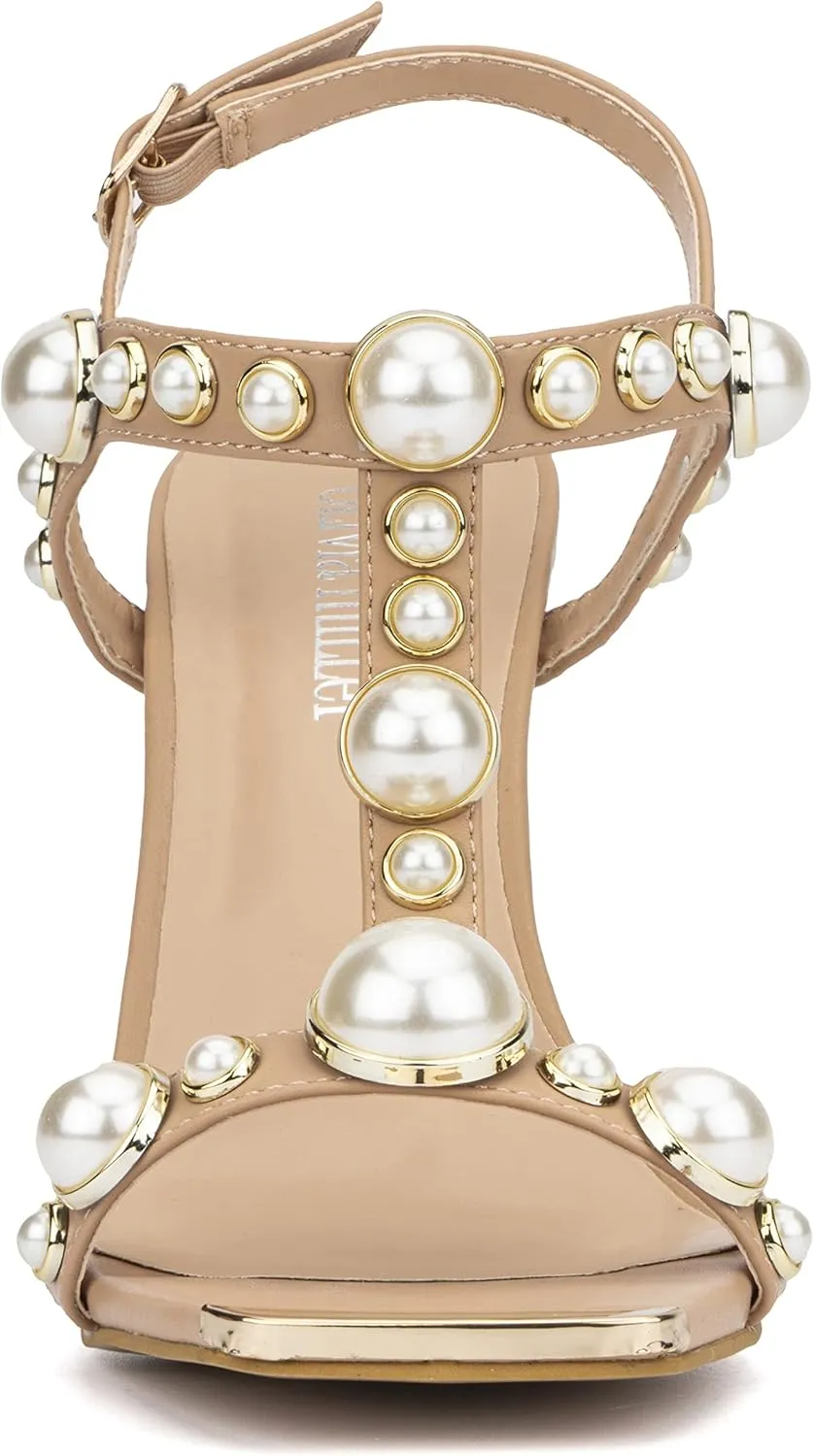 Olivia Miller Womens Fashion Ladies Shoes, PU Vegan Leather w Pearls n Adjustable Ankle Strap, Trendy Party Thin Double Strap Open Square Toe Pump Stiletto, Slide On 4 Inch High Mid Heel Sandals