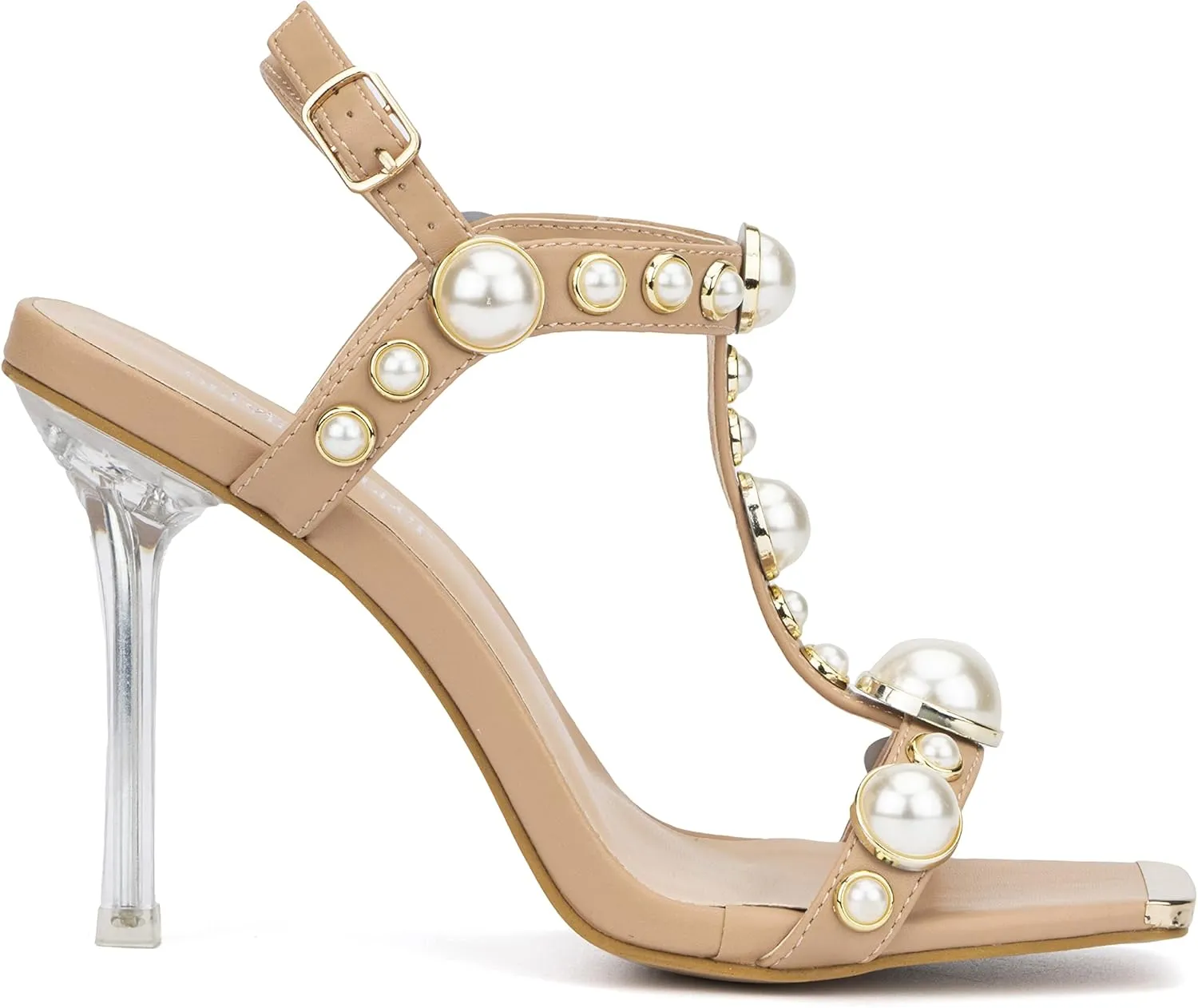 Olivia Miller Womens Fashion Ladies Shoes, PU Vegan Leather w Pearls n Adjustable Ankle Strap, Trendy Party Thin Double Strap Open Square Toe Pump Stiletto, Slide On 4 Inch High Mid Heel Sandals