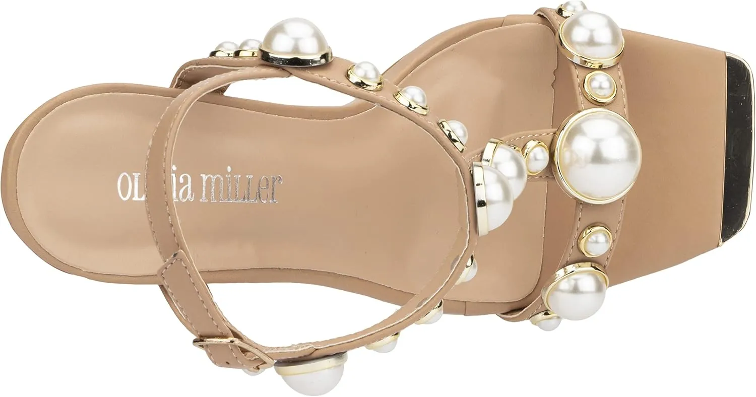 Olivia Miller Womens Fashion Ladies Shoes, PU Vegan Leather w Pearls n Adjustable Ankle Strap, Trendy Party Thin Double Strap Open Square Toe Pump Stiletto, Slide On 4 Inch High Mid Heel Sandals