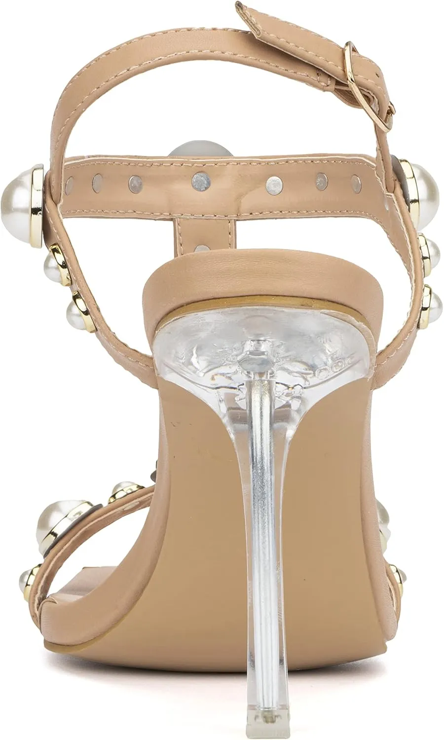 Olivia Miller Womens Fashion Ladies Shoes, PU Vegan Leather w Pearls n Adjustable Ankle Strap, Trendy Party Thin Double Strap Open Square Toe Pump Stiletto, Slide On 4 Inch High Mid Heel Sandals