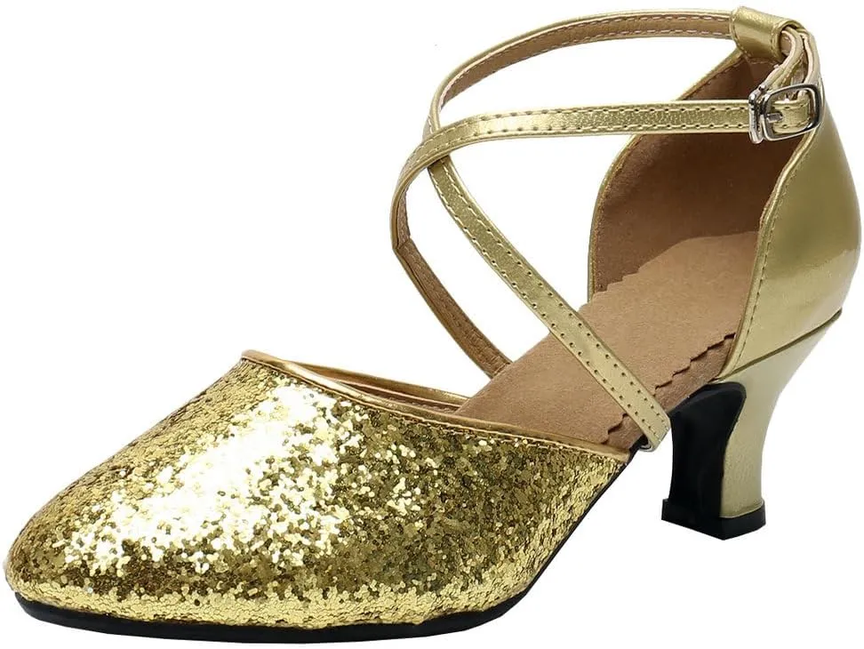 Parisuit Womens Glitter Latin Ballroom Dance Shoes Closed Toe Ankle Cross Strap Mary Jane Pumps Sparkly Sequin Tango Party Wedding Performence Dancing Heels