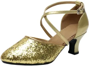 Parisuit Womens Glitter Latin Ballroom Dance Shoes Closed Toe Ankle Cross Strap Mary Jane Pumps Sparkly Sequin Tango Party Wedding Performence Dancing Heels