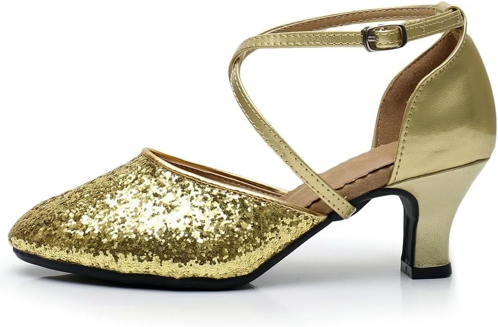 Parisuit Womens Glitter Latin Ballroom Dance Shoes Closed Toe Ankle Cross Strap Mary Jane Pumps Sparkly Sequin Tango Party Wedding Performence Dancing Heels