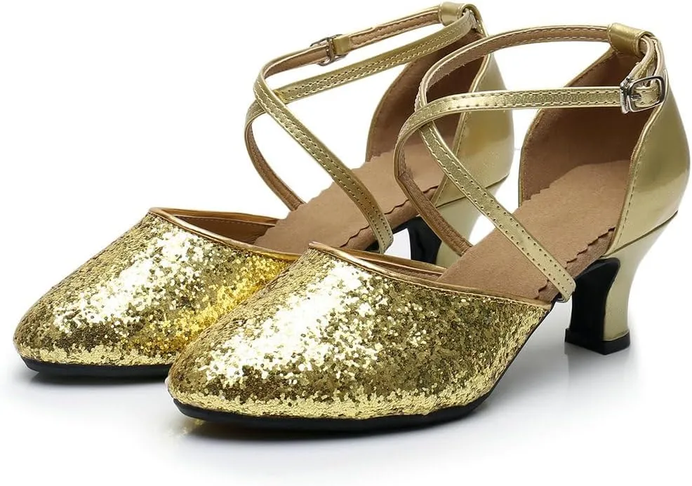 Parisuit Womens Glitter Latin Ballroom Dance Shoes Closed Toe Ankle Cross Strap Mary Jane Pumps Sparkly Sequin Tango Party Wedding Performence Dancing Heels
