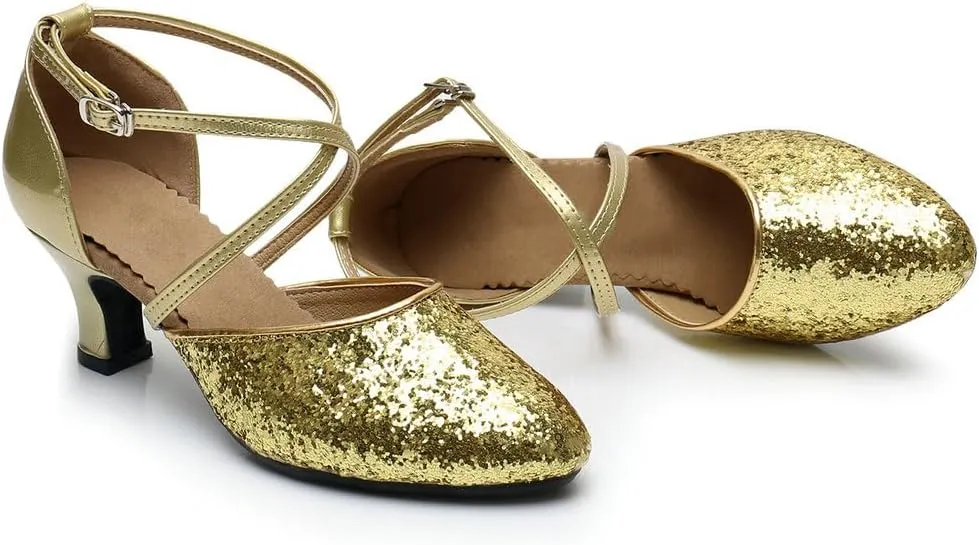 Parisuit Womens Glitter Latin Ballroom Dance Shoes Closed Toe Ankle Cross Strap Mary Jane Pumps Sparkly Sequin Tango Party Wedding Performence Dancing Heels
