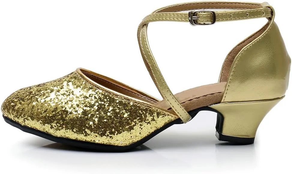 Parisuit Womens Glitter Latin Ballroom Dance Shoes Closed Toe Ankle Cross Strap Mary Jane Pumps Sparkly Sequin Tango Party Wedding Performence Dancing Heels