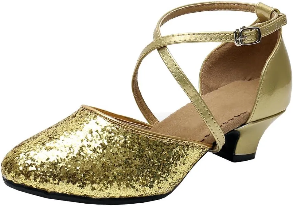 Parisuit Womens Glitter Latin Ballroom Dance Shoes Closed Toe Ankle Cross Strap Mary Jane Pumps Sparkly Sequin Tango Party Wedding Performence Dancing Heels