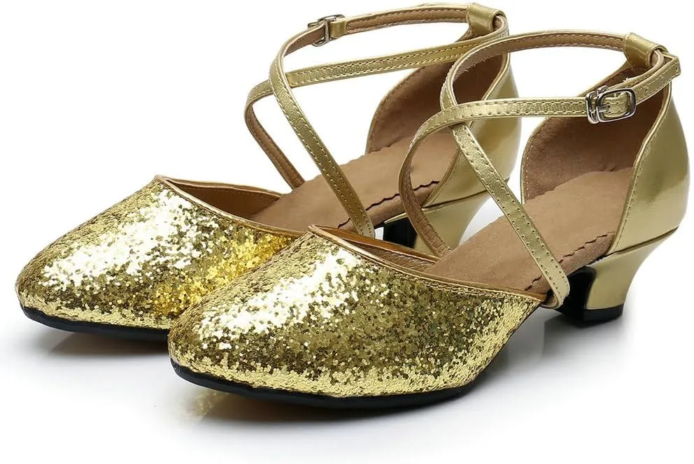 Parisuit Womens Glitter Latin Ballroom Dance Shoes Closed Toe Ankle Cross Strap Mary Jane Pumps Sparkly Sequin Tango Party Wedding Performence Dancing Heels