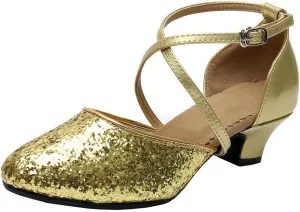 Parisuit Womens Glitter Latin Ballroom Dance Shoes Closed Toe Ankle Cross Strap Mary Jane Pumps Sparkly Sequin Tango Party Wedding Performence Dancing Heels