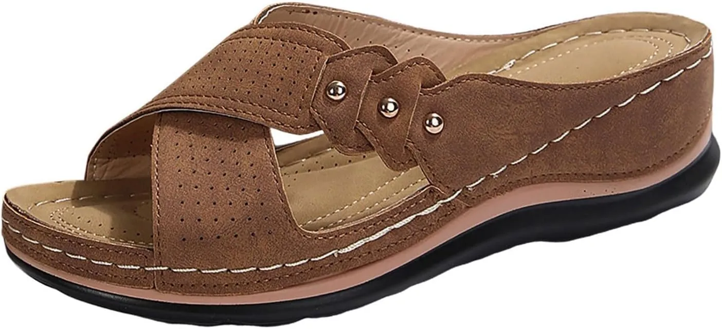 Sandals Women Perforated Metal Decoration Platform Sandals Open Toe Fish Mouth Slippers Summer Anti-Slip Flats Sandal Comfortable Walking Shoes