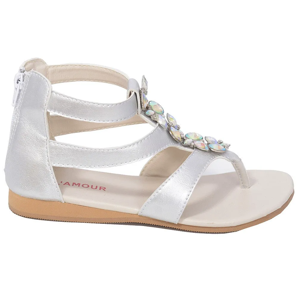 Silver Jeweled Gladiator T Strap Sandal Little Girl 11-4