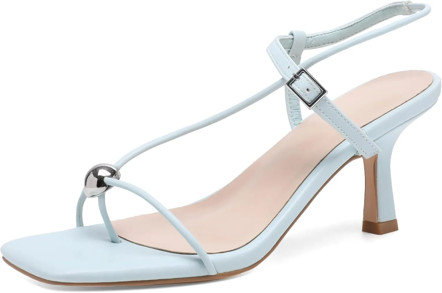 Slingback Heel Sandals for Women with Silver Ball Slim Straps Buckle Comfortable Open Square Toe Kitten Heels Wedding Dress Shoes for Women.