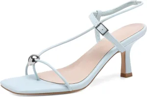 Slingback Heel Sandals for Women with Silver Ball Slim Straps Buckle Comfortable Open Square Toe Kitten Heels Wedding Dress Shoes for Women.