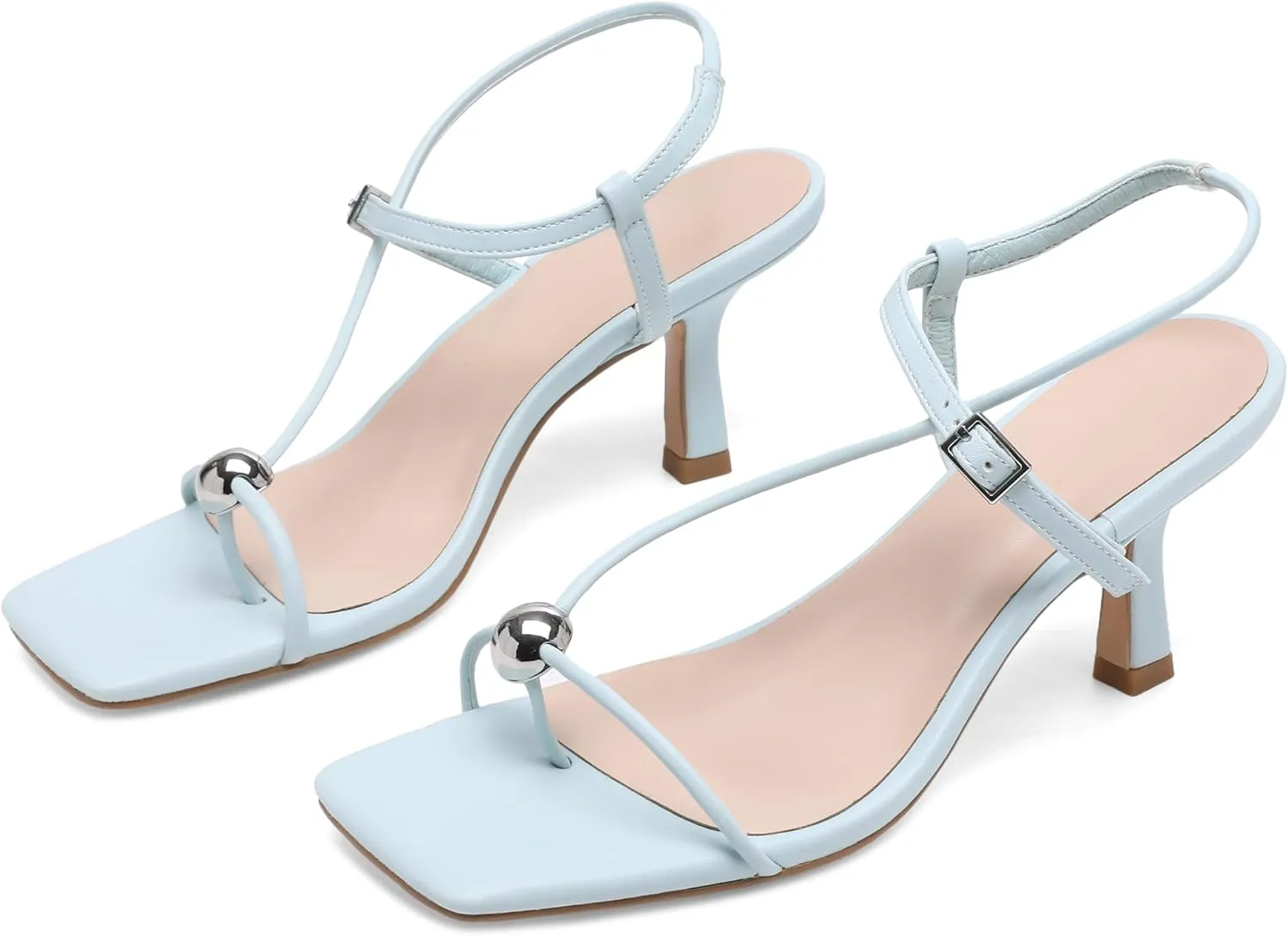 Slingback Heel Sandals for Women with Silver Ball Slim Straps Buckle Comfortable Open Square Toe Kitten Heels Wedding Dress Shoes for Women.