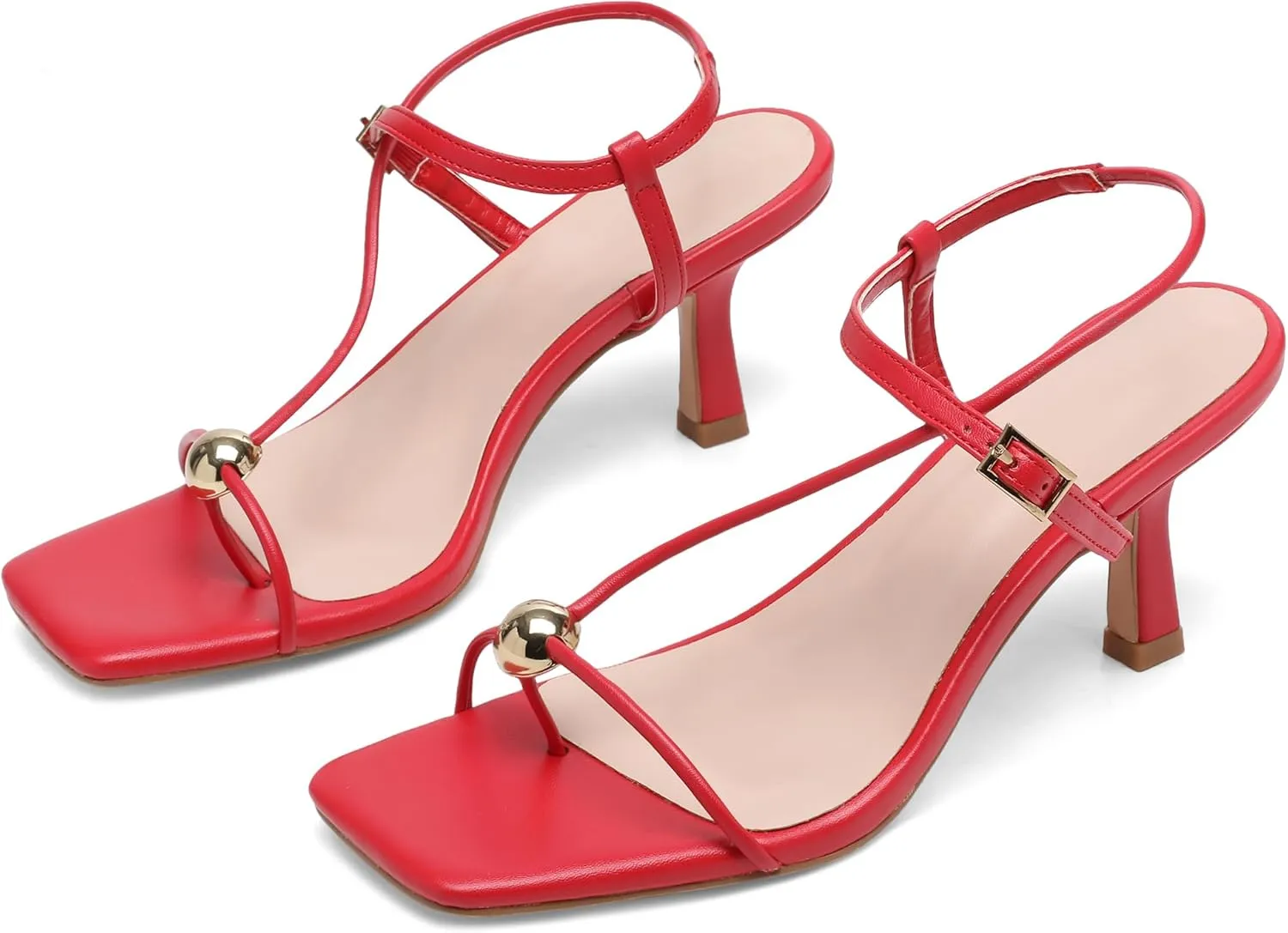 Slingback Heel Sandals for Women with Silver Ball Slim Straps Buckle Comfortable Open Square Toe Kitten Heels Wedding Dress Shoes for Women.