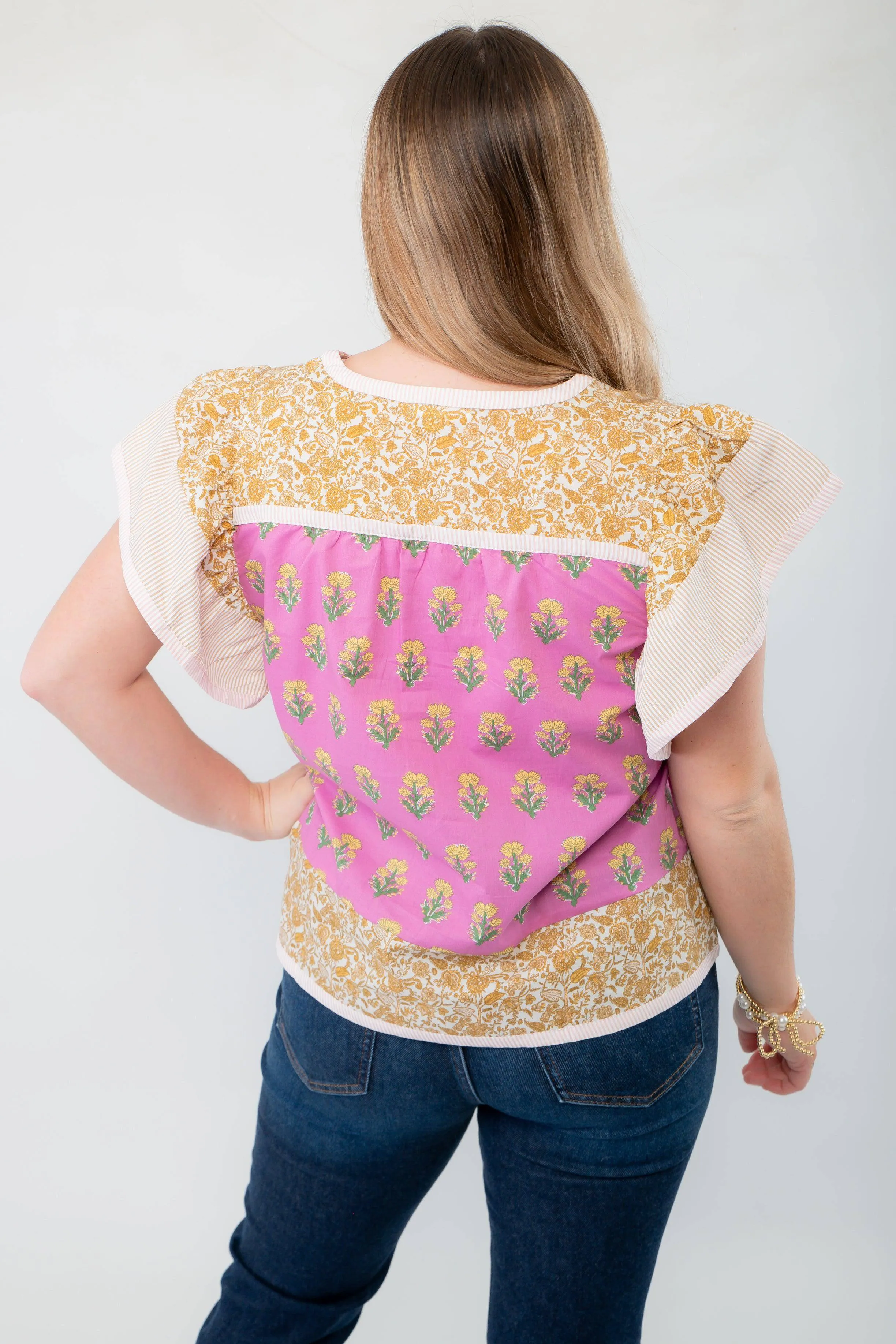 Wildflower Pink & Mustard Printed Ruffle Sleeve Top