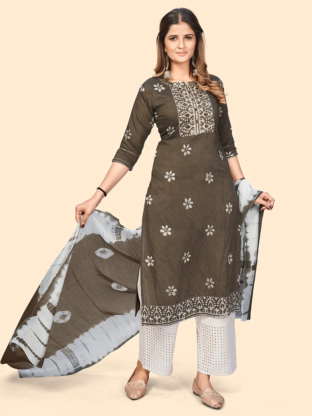 Women'S Batik Print & Mirror Straight Chanderi Grey Stitched Kurta With Dupatta