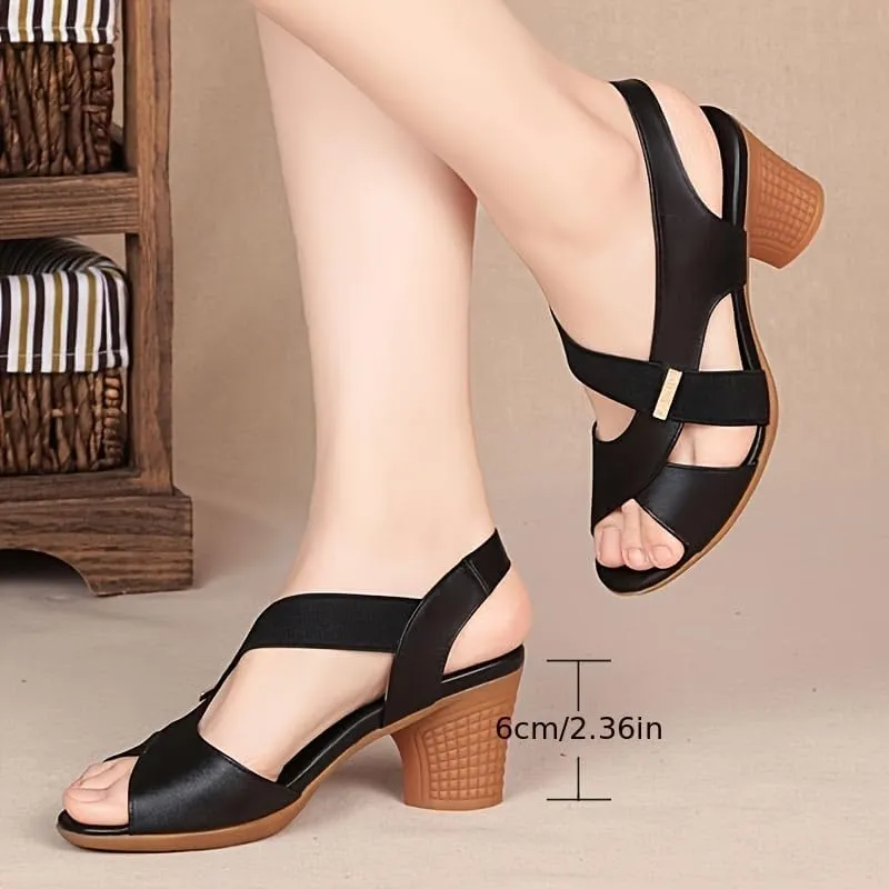 Women's Chunky Heeled Sandals  Peep Toe Elastic Strap Slip-On Heels | Versatile & Comfy All-Match Going Out Shoes for Evening, Party, and Casual Outfits