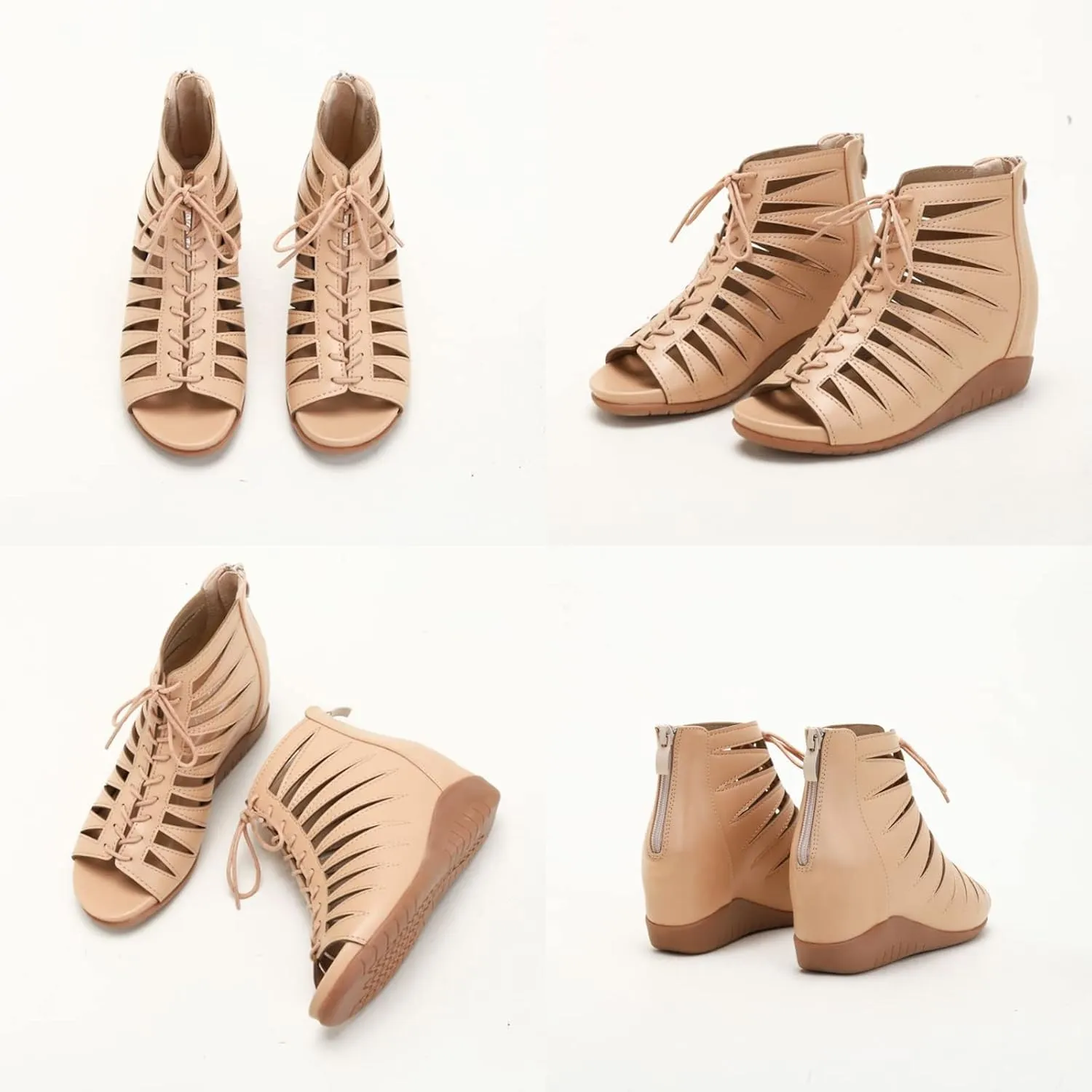 Women's Lace-Up Wedge Hollow Roman Sandals with Back Zipper,Summer Casual Fish Mouth Open Toe Platform Gladiator Sandal for Beach Holiday Reunion