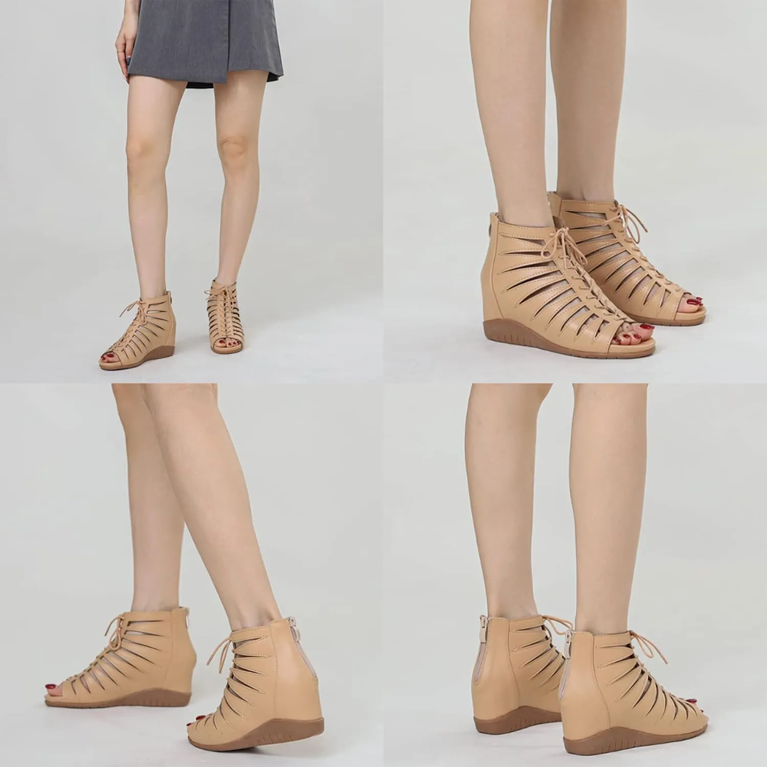 Women's Lace-Up Wedge Hollow Roman Sandals with Back Zipper,Summer Casual Fish Mouth Open Toe Platform Gladiator Sandal for Beach Holiday Reunion