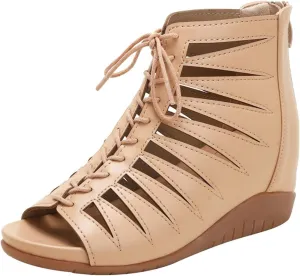 Women's Lace-Up Wedge Hollow Roman Sandals with Back Zipper,Summer Casual Fish Mouth Open Toe Platform Gladiator Sandal for Beach Holiday Reunion