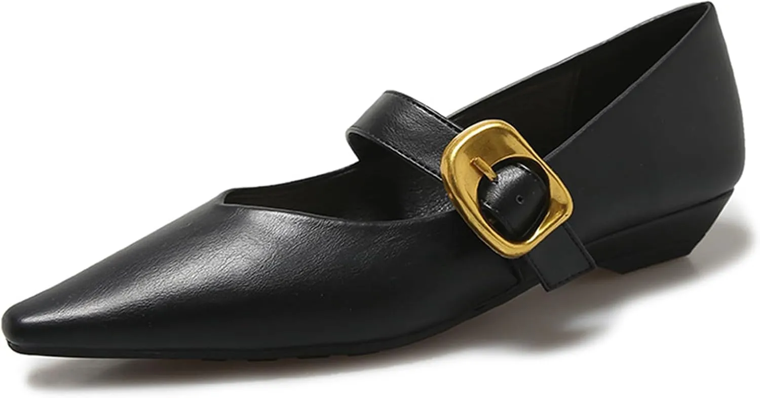 Women's Leather Closed Pointed Toe Mary Jane Flat Shoes Adjustable Buckle Slip On Comfortable Ballet Flats Casual Work Wedding Party Dress Shoes