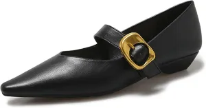 Women's Leather Closed Pointed Toe Mary Jane Flat Shoes Adjustable Buckle Slip On Comfortable Ballet Flats Casual Work Wedding Party Dress Shoes
