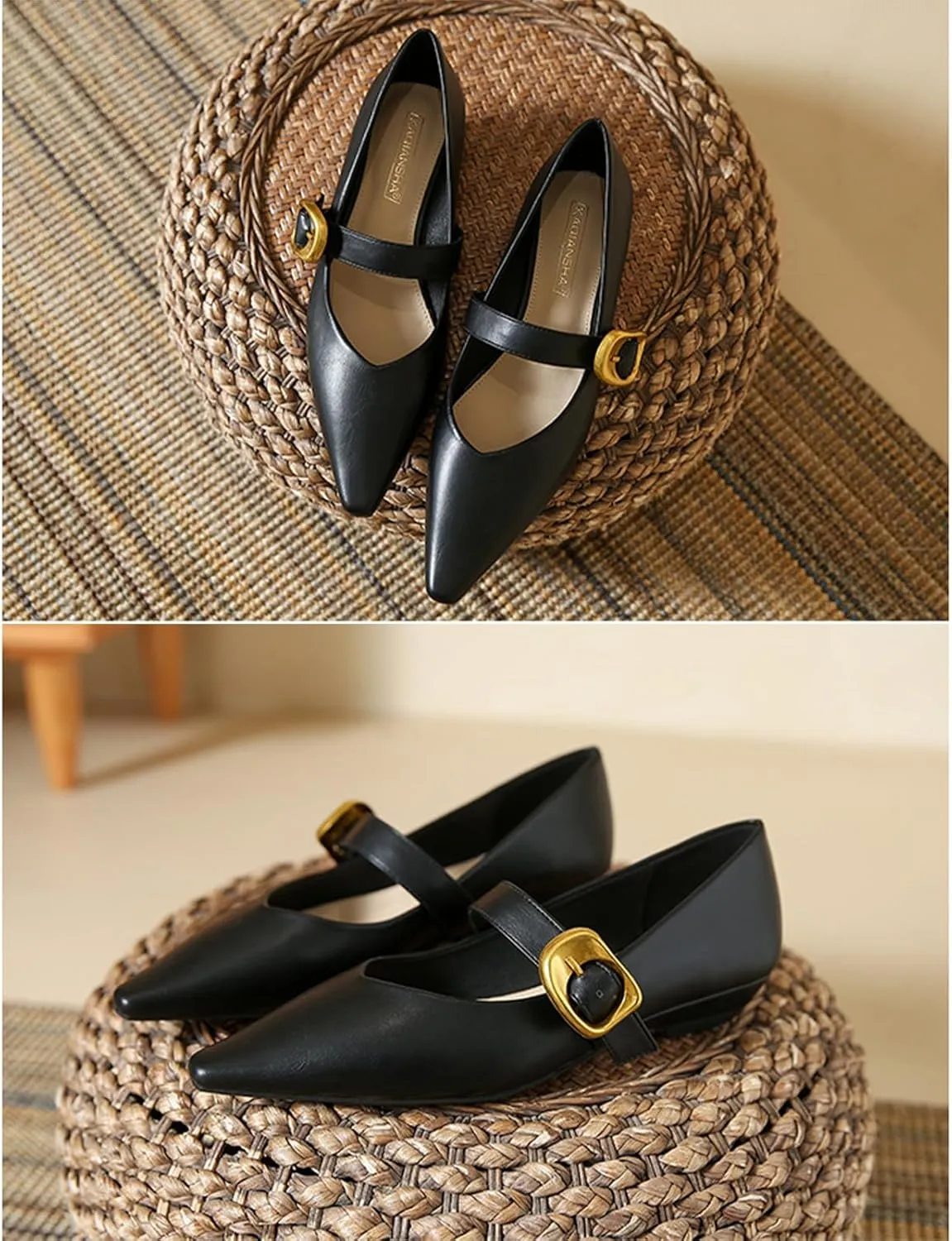 Women's Leather Closed Pointed Toe Mary Jane Flat Shoes Adjustable Buckle Slip On Comfortable Ballet Flats Casual Work Wedding Party Dress Shoes