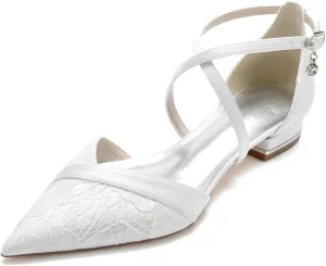 Women's Pointed Toe Bridal Pumps Satin Flats Ankle Strap Wedding Low Square Heels Ballet Evening Prom Party Dress Shoes