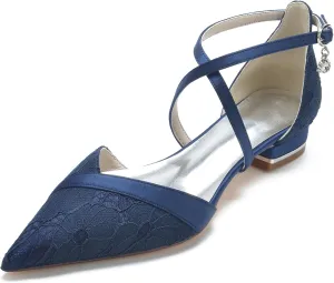 Women's Pointed Toe Bridal Pumps Satin Flats Ankle Strap Wedding Low Square Heels Ballet Evening Prom Party Dress Shoes