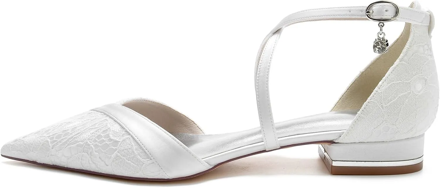 Women's Pointed Toe Bridal Pumps Satin Flats Ankle Strap Wedding Low Square Heels Ballet Evening Prom Party Dress Shoes