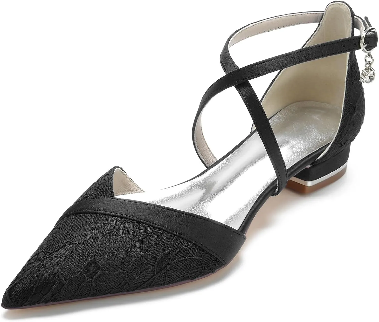 Women's Pointed Toe Bridal Pumps Satin Flats Ankle Strap Wedding Low Square Heels Ballet Evening Prom Party Dress Shoes