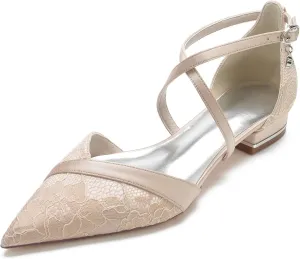 Women's Pointed Toe Bridal Pumps Satin Flats Ankle Strap Wedding Low Square Heels Ballet Evening Prom Party Dress Shoes
