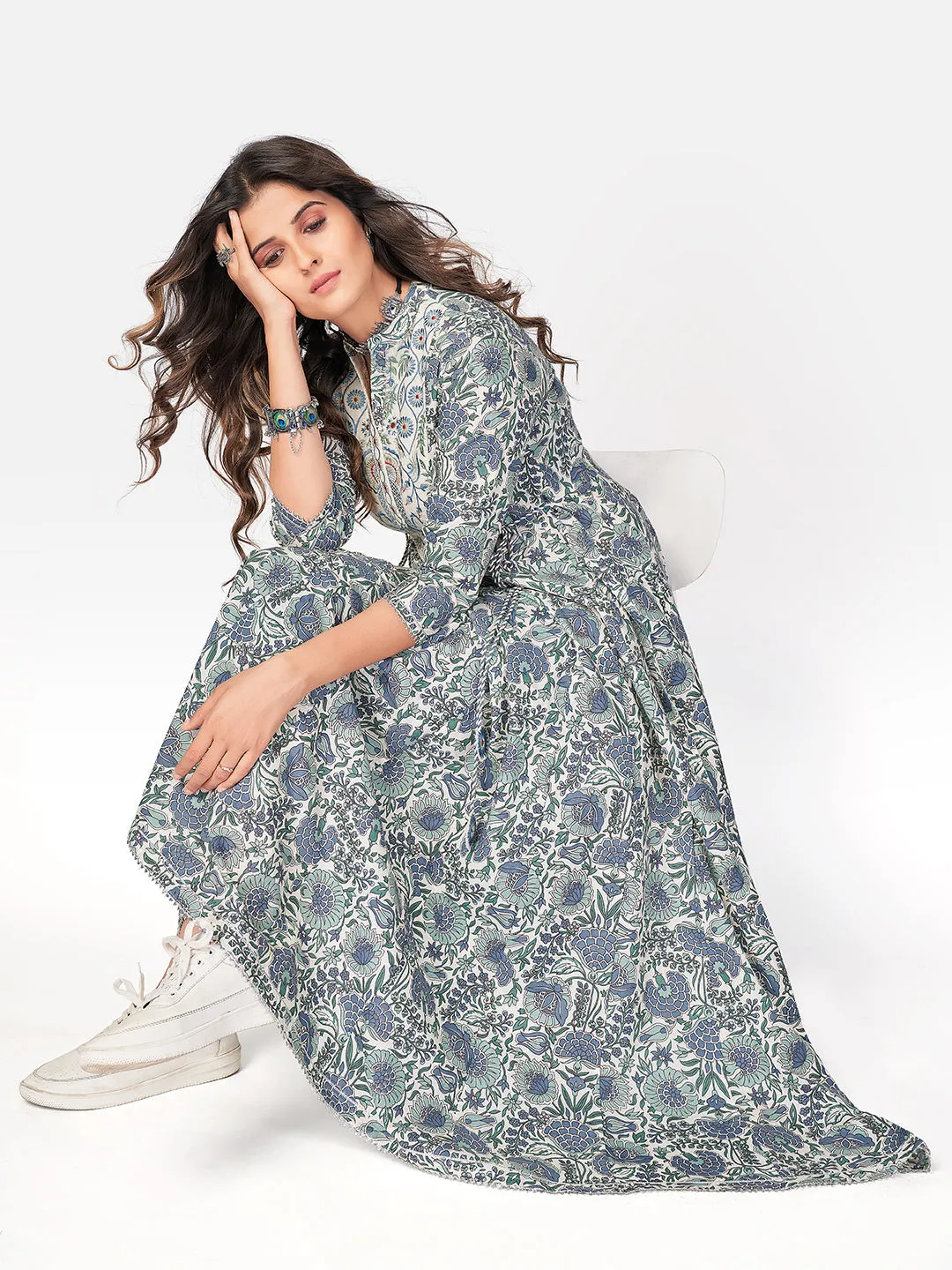 Women'S Printed & Embroidered Anarkali Cotton Light Teal Kurta
