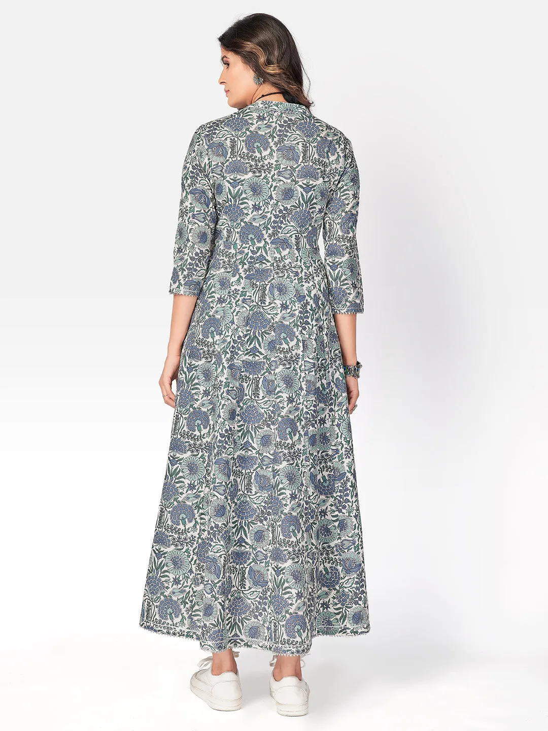 Women'S Printed & Embroidered Anarkali Cotton Light Teal Kurta