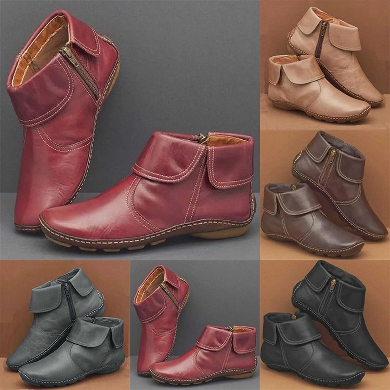 Womens Snow Boots Ankle Brown Leather Booties Boots for Women Brown Barefoot Boot Closed Back Lightweight Breathable Lug Sole Low Heel Chelsea Fashion