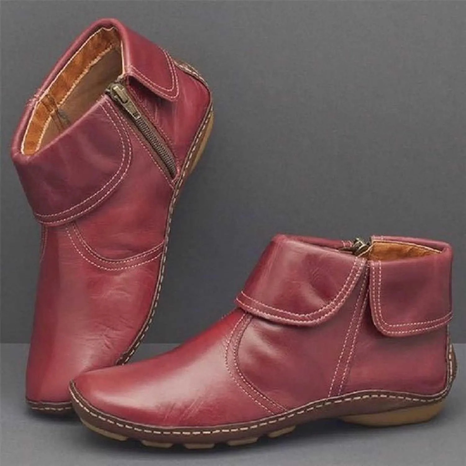Womens Snow Boots Ankle Brown Leather Booties Boots for Women Brown Barefoot Boot Closed Back Lightweight Breathable Lug Sole Low Heel Chelsea Fashion