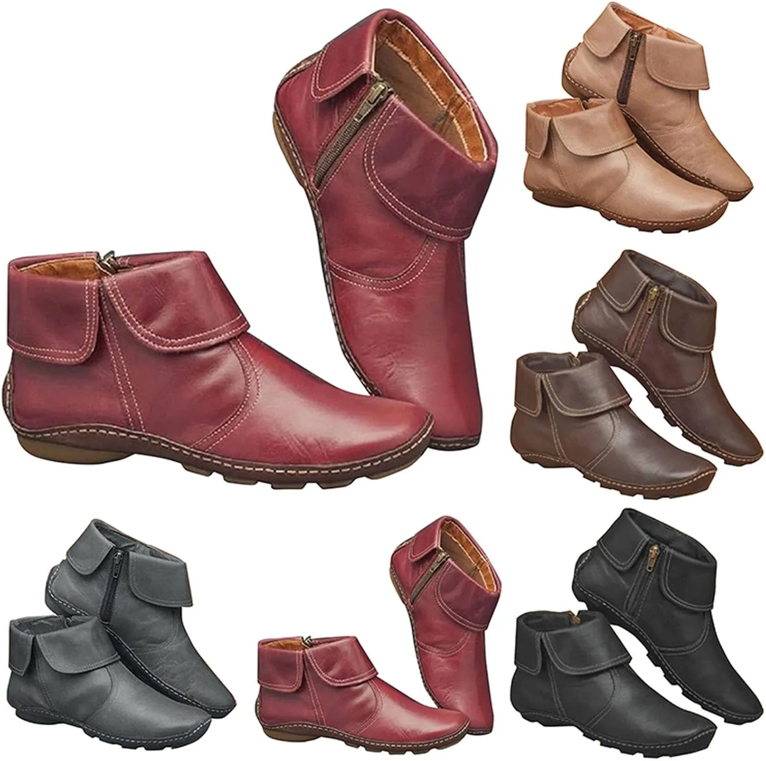 Womens Snow Boots Ankle Brown Leather Booties Boots for Women Brown Barefoot Boot Closed Back Lightweight Breathable Lug Sole Low Heel Chelsea Fashion