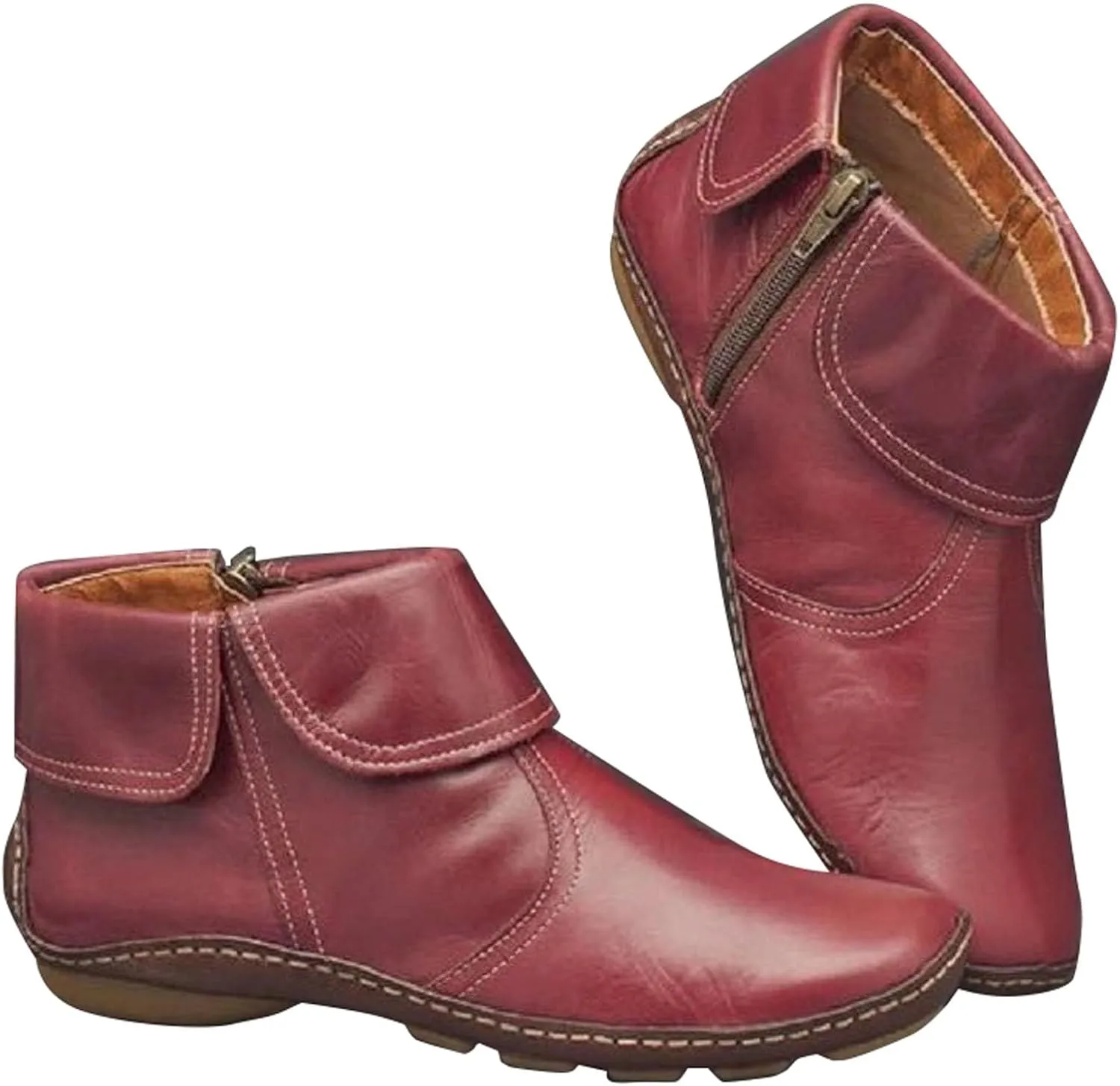 Womens Snow Boots Ankle Brown Leather Booties Boots for Women Brown Barefoot Boot Closed Back Lightweight Breathable Lug Sole Low Heel Chelsea Fashion